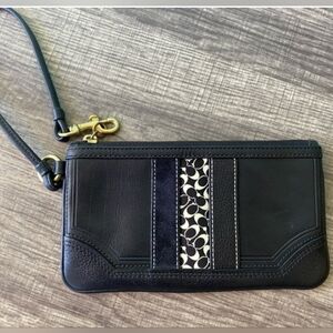 Coach Black Leather Signature Stripe Wristlet Wallet Pouch